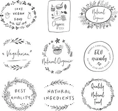 Hand drawn labels and elements collection for organic food and drink, natural Stock Illustration