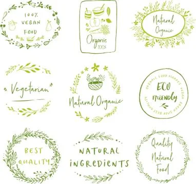 Hand drawn labels and elements collection for organic food and drink, natural Stock Illustration