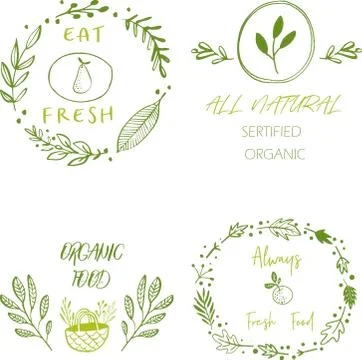 Hand drawn labels and elements collection for organic food and drink, natural Stock Illustration