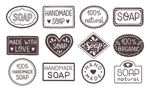 Hand drawn labels for handmade soap bars. Handmade soap stamp. Set of vector Stock Illustration