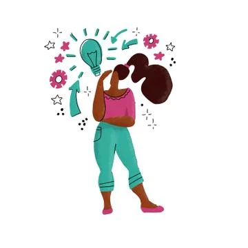 Hand drawn lady got idea. Woman having idea, light bulb as symbol of insight. Stock Illustration