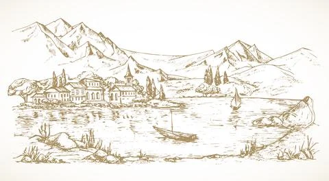 Hand Drawn Lake Landscape Vector Illustration. Mountain and lake View with Manor Stock Illustration