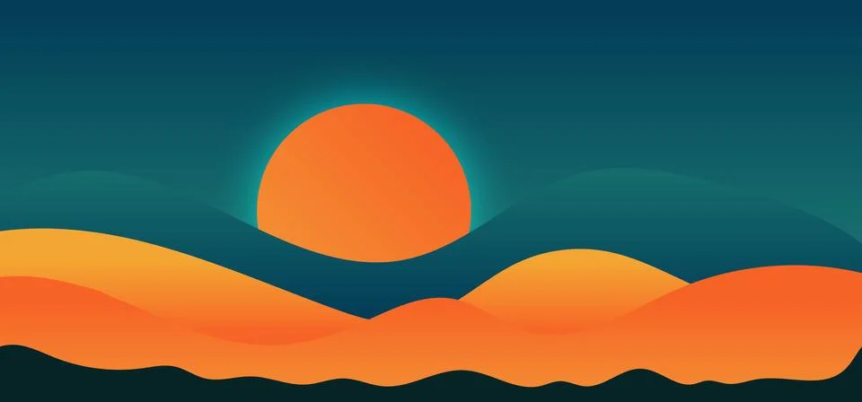 Hand drawn landscape sunset elements or mountains curves colorful background. Stock Illustration