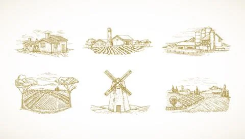 Hand Drawn Landscapes Vector Illustrations Collection Set. Farms, Windmill Stock Illustration