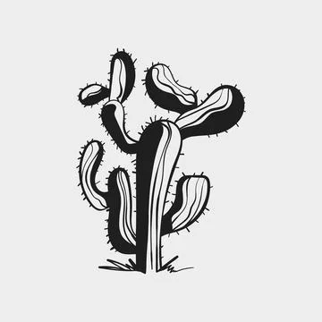 Hand drawn large branched cactus vector icon in black ink doodle style Stock Illustration