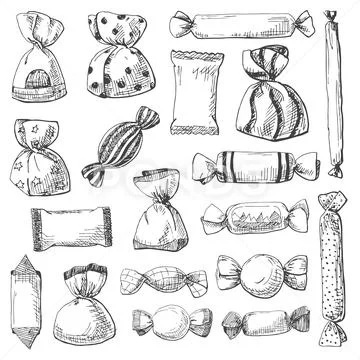 Hand drawn a large set of different sweets in a wrapper. Vector illustration  스톡 일러스트