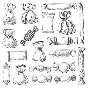 Hand drawn a large set of different sweets in a wrapper. Vector illustration  Stock Illustration