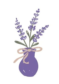 Hand drawn lavender in a purple vase with a twine bow for a rustic decor touch Stock Illustration