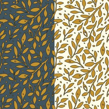 Hand drawn leaf branches seamless pattern. Random gold yellow leaves, dark grey Stock Illustration