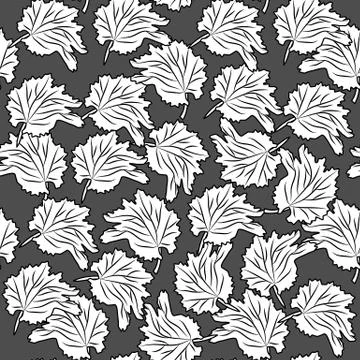 Hand drawn leaf seamless pattern on black background. Monochrome leaves vinta Stock Illustration