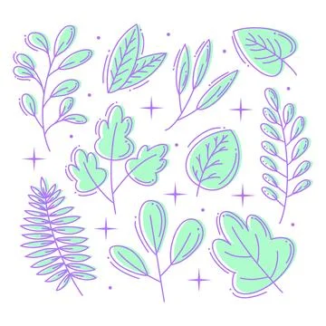 Hand drawn leafs collection full color Stock Illustration