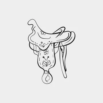 Hand drawn leather cowboy saddle vector icon in black ink doodle style Stock Illustration
