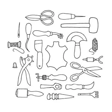Hand drawn Leather working tools vector illustration Stock Illustration