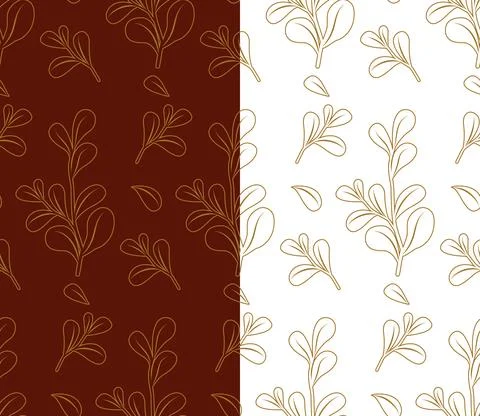 Hand drawn leaves seamless pattern. Outline natural branch in yellow color Stock-Illustration