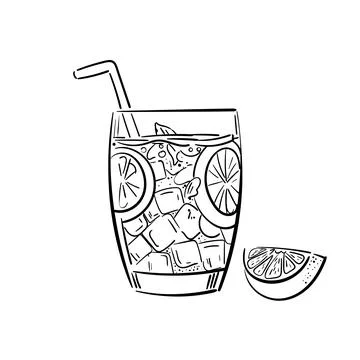 Hand drawn lemon, lemon slice, straw with place for your text, glass jar with Stock Illustration