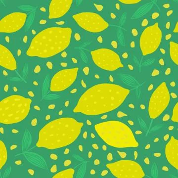 Hand drawn Lemon seamless pattern with leaves. Stock Illustration
