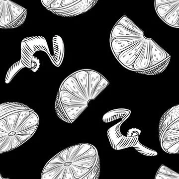 Hand drawn lemon slice and peel seamless pattern on black background. Lemon c Stock Illustration