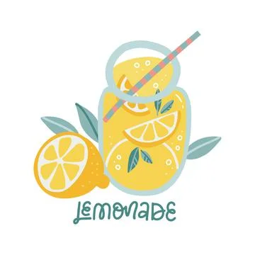 Hand drawn lemon slice and jar with lemonade with handwritten lettering Illustrazione stock