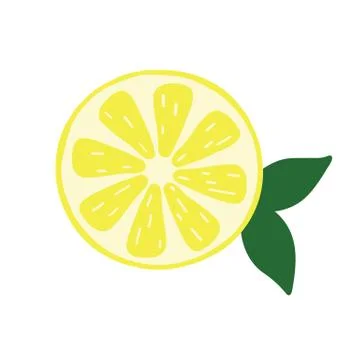 Hand drawn lemon slice with leaf, cartoon style, vector Illustrazione stock