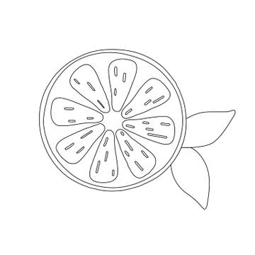 Hand drawn lemon slice with leaf, cartoon style, black outline, vector Illustrazione stock