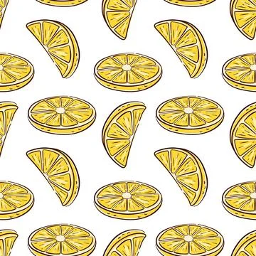 Hand drawn lemon slice seamless pattern in flat style on white background. Ideal Stock Illustration