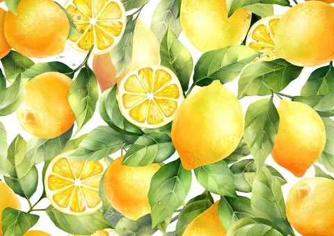  Hand drawn lemons background. Fruit seamless pattern. Hand drawn lemons b... 스톡 사진
