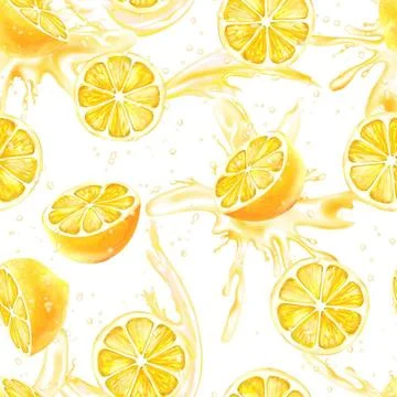 Hand drawn lemons background with splashes. Fruit seamless pattern. Hand d... Stock Photos