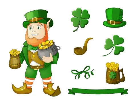 Hand drawn leprechaun with hat, clower, beer mug, pot of golden coin sketch set Stock Illustration