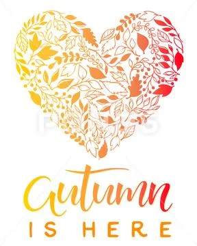 Hand drawn lettering autumn with leaves arranged in a heart in fall colors.Se Stock Illustration