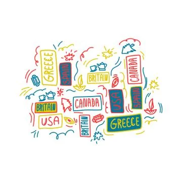 Hand-drawn lettering as a background. Countries of the world: USA, Canada Stock Illustration