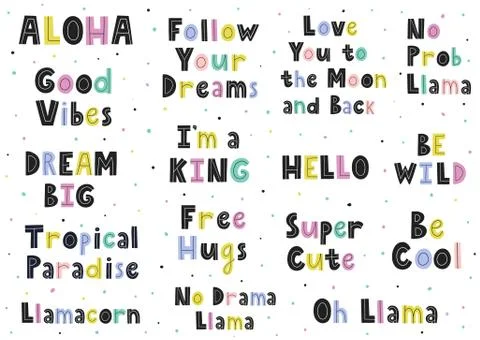 Hand drawn lettering collection. Set with colorful quotes Stock Illustration
