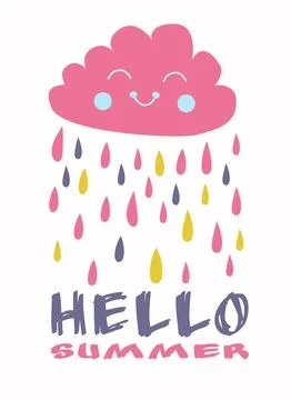 Hand drawn lettering composition of Hello Summer with doodle cloud and rain. Stock Illustration