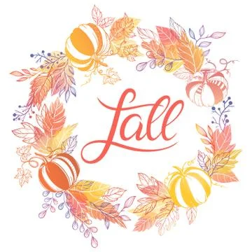 Hand drawn lettering fall with pumpkins and leaves in autumn colors.Seasons g Illustrazione stock