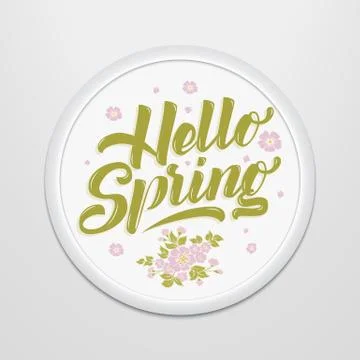 Hand drawn lettering Hello Spring in a round frame on the wall. Elegant moder 스톡 일러스트