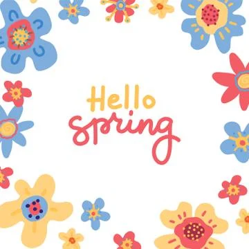 Hand drawn lettering Hello Spring in the round frame of flowers pattern wreat Illustrazione stock