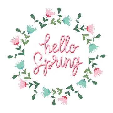 Hand drawn lettering Hello spring card with decorative floral frame, vector i 스톡 일러스트