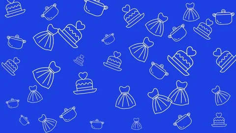 Hand drawn lifestyle pattern with cake dress and pot icons on blue background Stock Footage 344875490