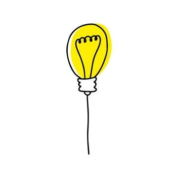 Hand drawn light bulb with rays shine, thin line. Hand drawn cute doodle light Stock Illustration