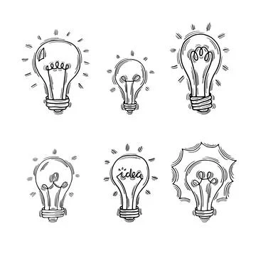 Hand drawn light bulbs. Doodle light bulb. Sketch, minimalistic design. Ide.. Stock Illustration