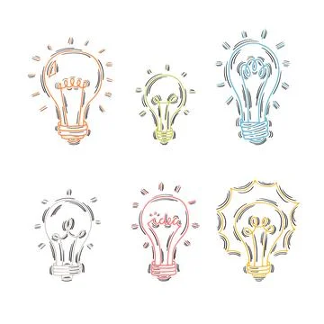 Hand drawn light bulbs. Idea concept. Doodle light bulb. Sketch, minimalist.. Stock Illustration
