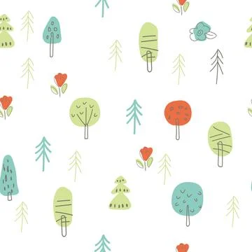 Hand drawn light seamless pattern with trees, vector Illustrazione stock