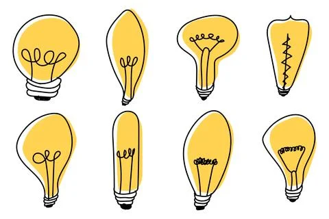 Hand drawn lightbulbs. Light bulb doodle. Hand drawn idea icon. Creativity .. Stock Illustration