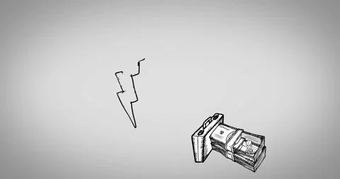 Hand-drawn lightning bolt and stack of money animation on gray background Stock Footage 304573789
