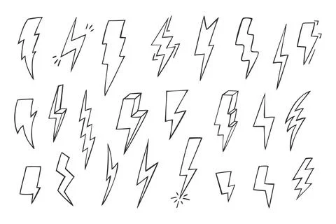 Hand drawn lightning bolt doodles in various styles. Comic art Stock Illustration