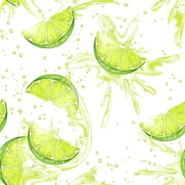 Hand drawn limes background with splashes. Fruit seamless pattern. Hand dr... 스톡 사진
