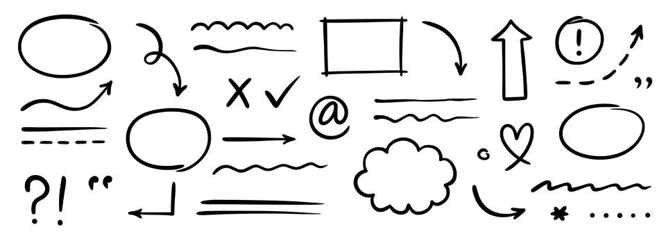 Hand drawn line arrow, sketch underline, round frame element set. Scribble Stock Illustration