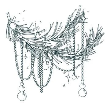Hand drawn line art composition of pine garland and hanging beads. Black ink 스톡 일러스트