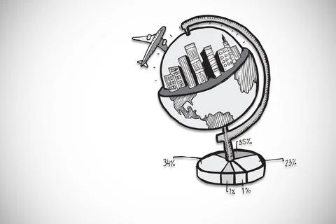 Hand-drawn line-art globe is opening to reveal cityscape, pie chart and Stock Illustration