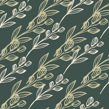 Hand drawn line art leaf seamless pattern on green background. Creative flora Illustrazione stock