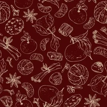 Hand-drawn line art seamless pattern with Christmas sweets, tangerines, cinnamon Ilustración de archivo